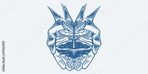 Vintage hand drawn hands hold plant isolated on white background.