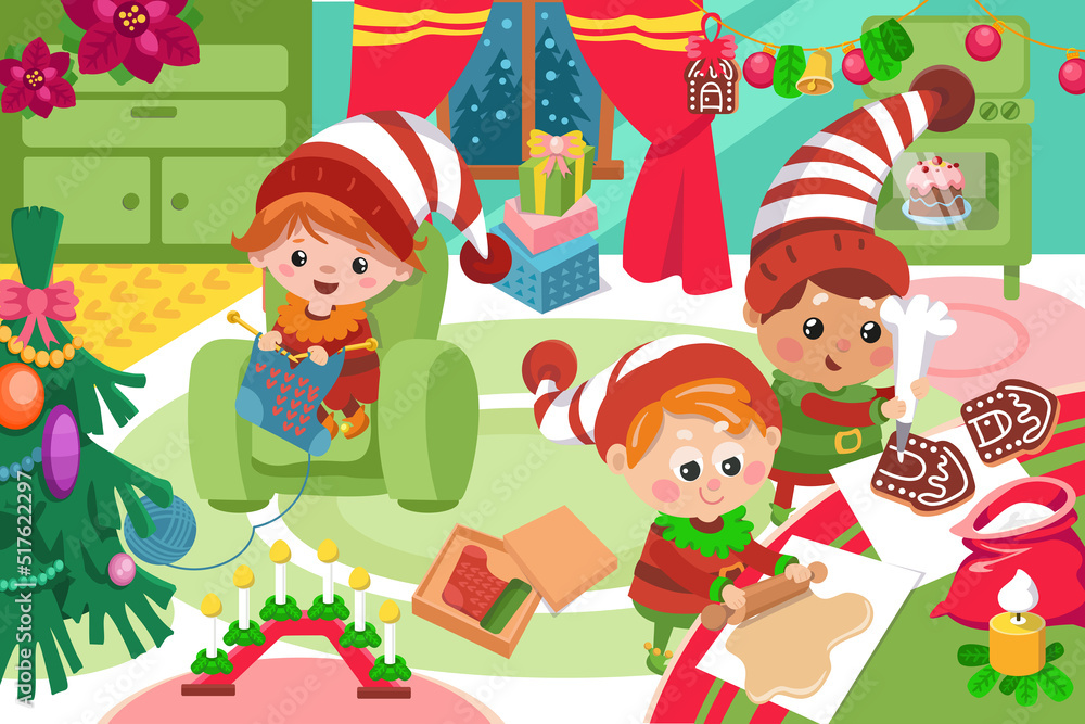 Cute gnomes prepare christmas cookies, cake, knit sock, character in cartoon style. Vector color illustration. Picture for design of poster, game, book, puzzle.