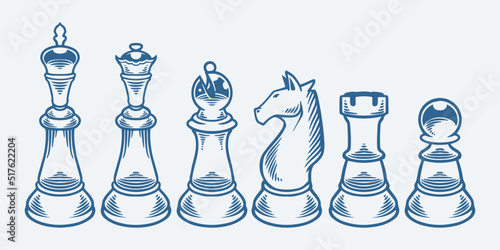 Foto Vintage hand drawn set of six chess pieces like King, queen, bishop, knight, pawn and rook isolated on white background