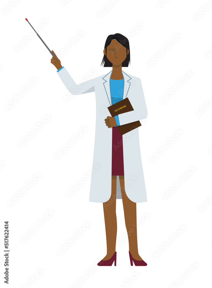 simple illustration of a black female doctor in a lab coat. A pose with a pointer. Conference, explanation. 8heads tall.