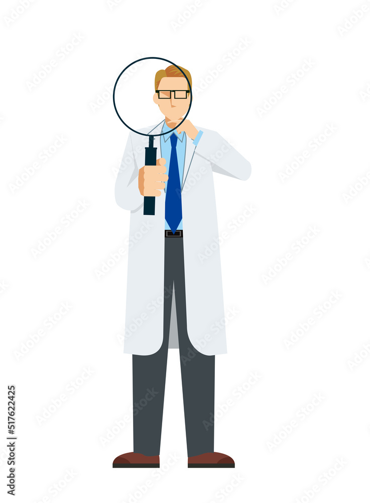 simple illustration of a Caucasian male doctor in a lab coat. Image of large magnifying glass, pose with magnifying glass, research, research. 8heads tall.