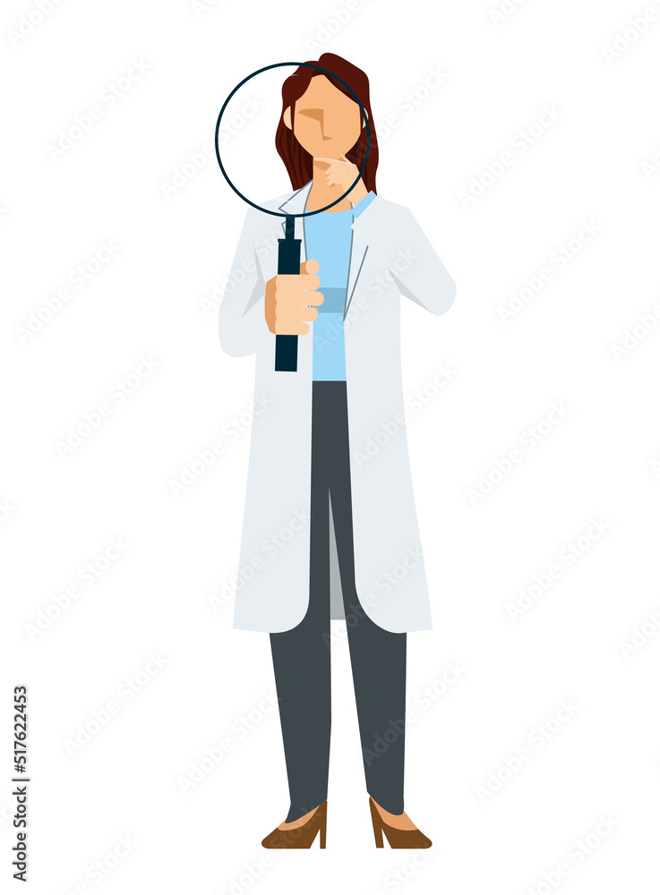 Fototapeta premium simple illustration of an Asian female doctor in a lab coat. Image of large magnifying glass, pose with magnifying glass, research, research. 8heads tall.