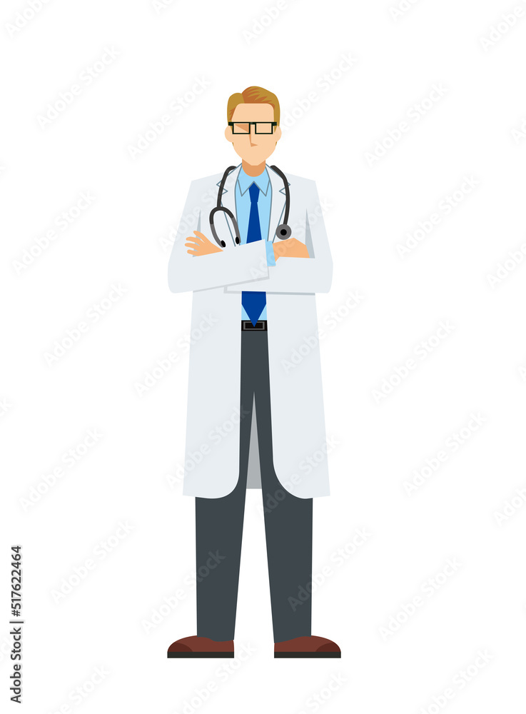 simple illustration of a Caucasian male doctor in a lab coat. A pose with arms folded. 8heads tall. simple illustration of a Caucasian male doctor in a lab coat. A pose with arms folded. 8heads tall.