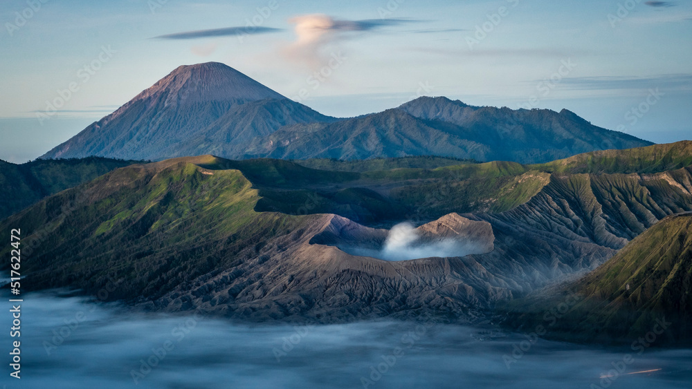 Mount Bromo, Mount Semeru and Mount Batok, East Java, Indonesia. background wallpaper. high quality photo
