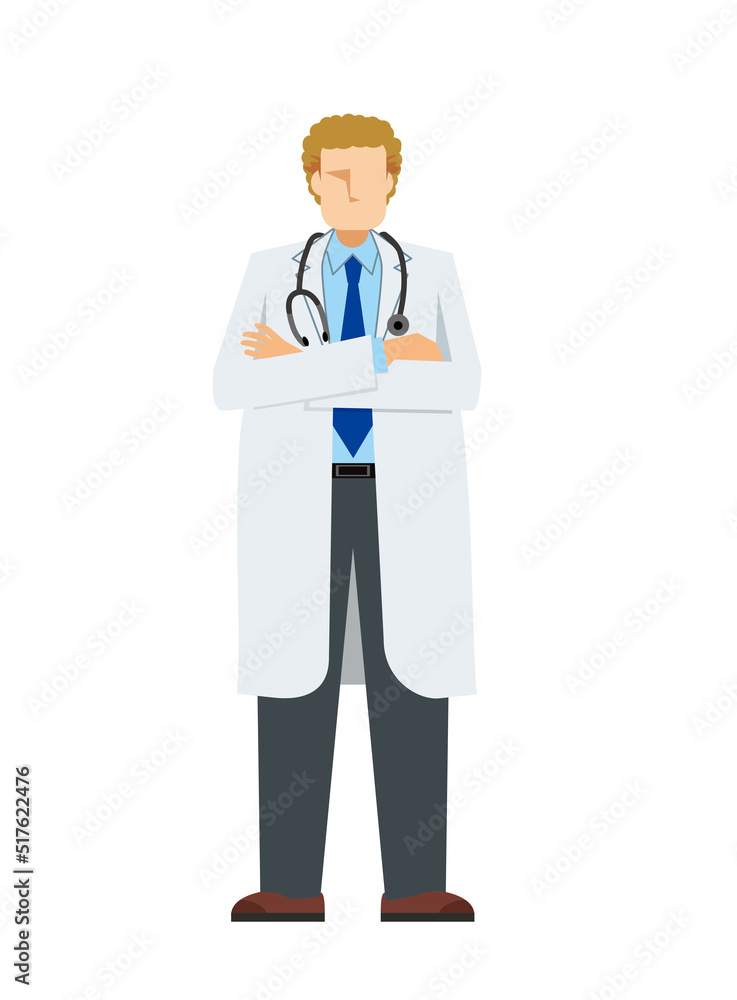 simple illustration of a Caucasian male doctor in a lab coat. A pose with arms folded. 8heads tall. simple illustration of a Caucasian male doctor in a lab coat. A pose with arms folded. 8heads tall.