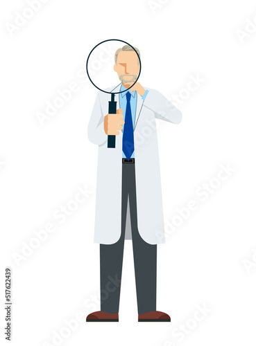 simple illustration of a Caucasian male doctor in a lab coat. Image of large magnifying glass, pose with magnifying glass, research, research. 8heads tall.