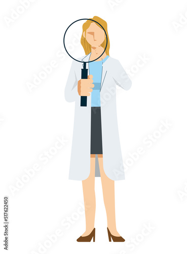 simple illustration of a Caucasian female doctor in a lab coat. Image of large magnifying glass, pose with magnifying glass, research, research. 8heads tall.