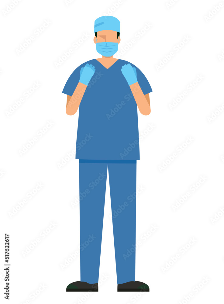 simple illustration of an Asian male doctor wearing a surgical gown. 8heads tall.