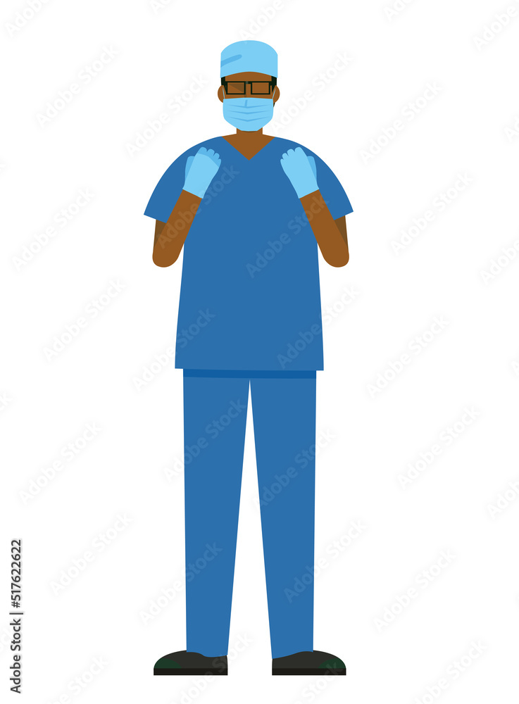 simple illustration of a black male doctor wearing a surgical gown. 8heads tall.