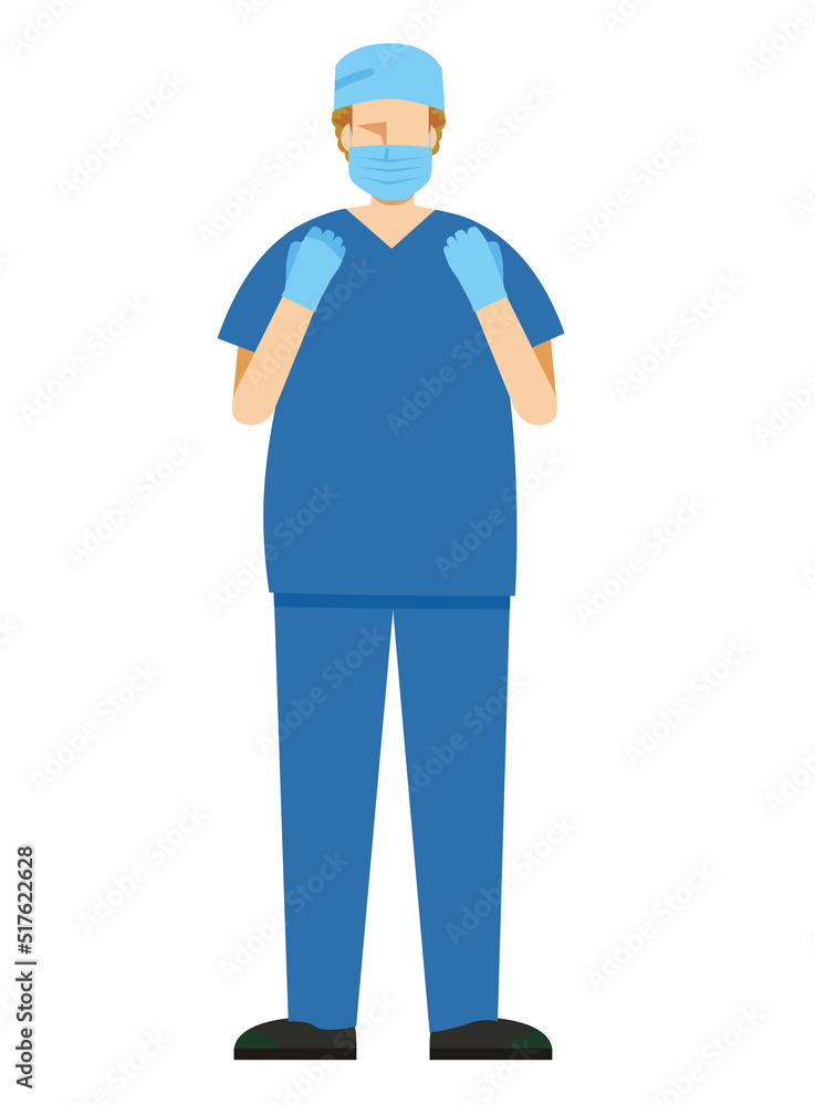 simple illustration of a Caucasian male doctor wearing a surgical gown. 8heads tall.