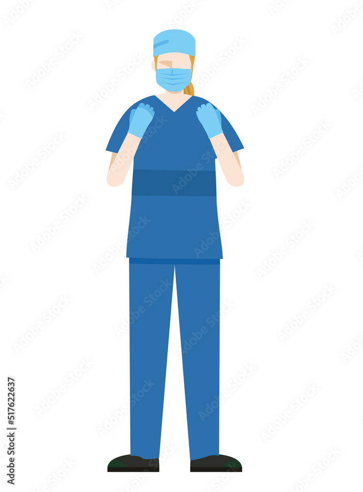 simple illustration of a Caucasian female doctor wearing a surgical gown. 8heads tall. simple illustration of a Caucasian female doctor wearing a surgical gown. 8heads tall.