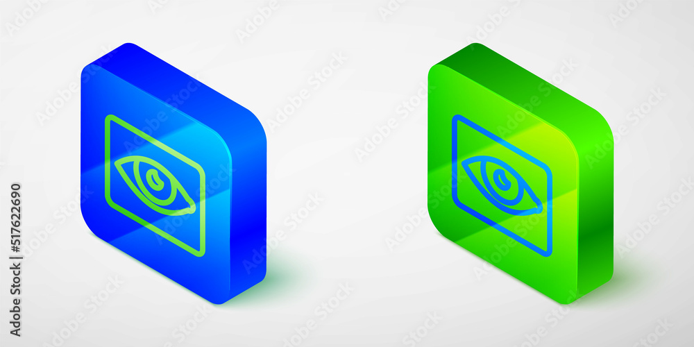 Fototapeta premium Isometric line Red eye effect icon isolated grey background. Eye redness sign. Inflammatory disease of eyes. Blue and green square button. Vector
