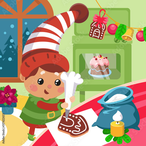 Cute elf cooking Christmas gingerbread, character in cartoon style. Picture with background for design of posters, games, books, puzzles. Vector hand drawn illustration.