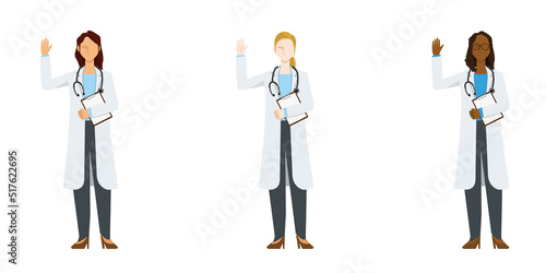 白衣を着た様々な人種、女性の医師のシンプルなイラストセット。ファイルを持ち挨拶をするポーズ　8等身
