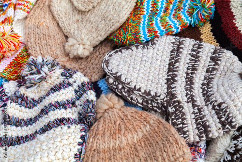 Close up photo of traditional woolen hats of Madeira
