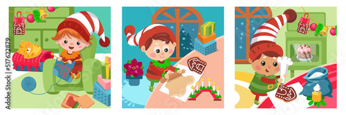 Cute elf rolls out dough, prepares Christmas cake, character in cartoon style. Picture with background for design of posters, games, books, puzzles. Vector hand drawn illustration.