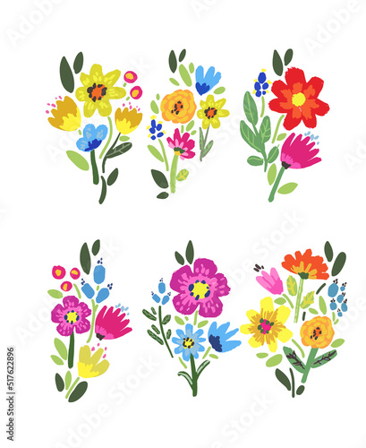 Set of vector bright flowers and leaves