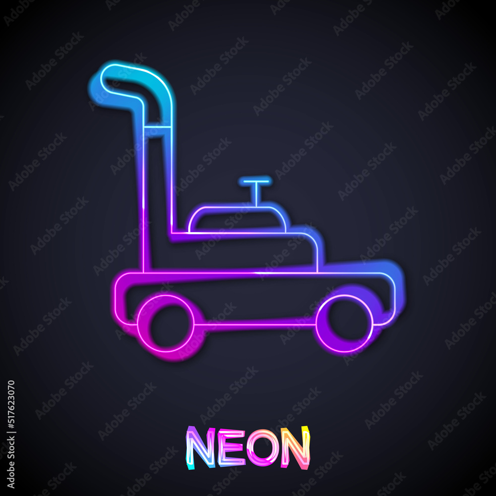 Glowing neon line Lawn mower icon isolated on black background. Lawn mower cutting grass. Vector