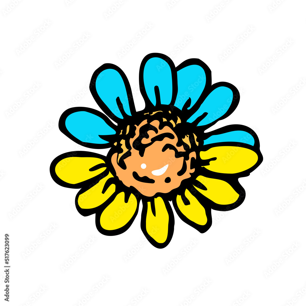 Graphic flower daisy with blue and yellow petals. Ukrainian symbol, ethnic, flag. Concept of Ukrainian fight for freedom. 