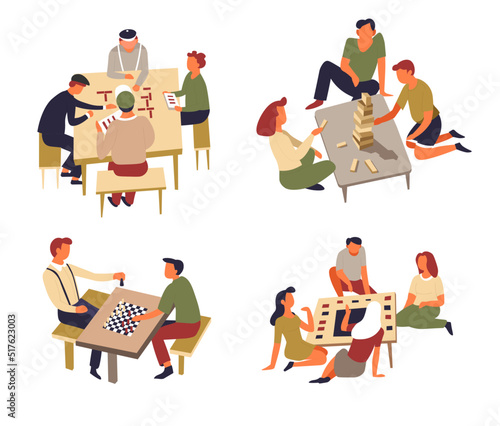 Domino and chess table games play cards and jenga vector isolated characters teams