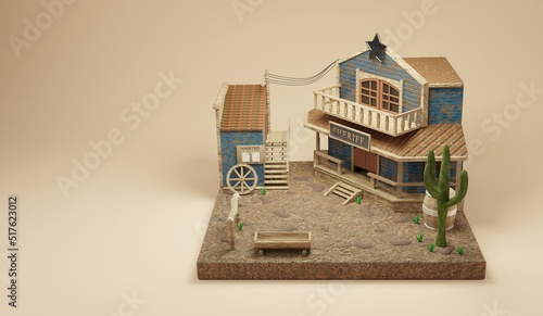 Western town with houes of the sheriff.Wild west background scene.3D rendering
