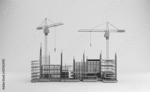 Model building under construction on white background. 3D rendering