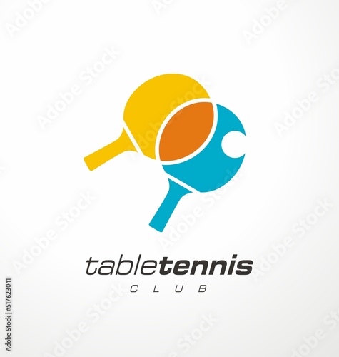 Table tennis club colorful logo design idea with two rackets and ball in negative space. Ping pong symbol or icon graphic. Sport and recreation vector illustration.