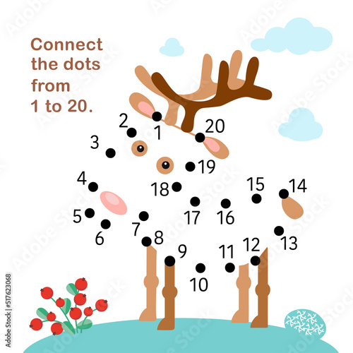 Connect dots from 1 to 20. Educational game. Cute deer with berries and moss. Activity page for kids. Vector illustration.