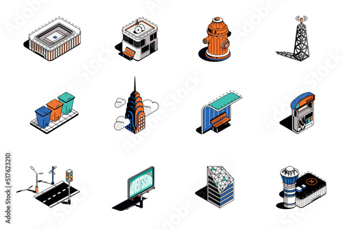 City infrastructure and buildings 3d isometric icons set. Pack elements of stadium, hydrant, towers, trash bins, gas station, road, billboard and other. Vector illustration in modern isometry design