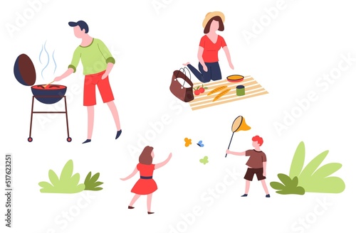 Summer outdoor activity and recreation family leisure vector pastime on nature picnic