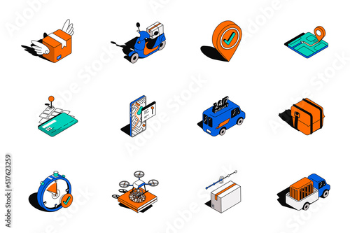 Delivery service 3d isometric icons set. Pack elements of parcel fast, shipping, online tracking, credit card, truck, transport, flying drone and other. Vector illustration in modern isometry design