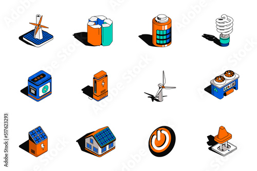 Alternative energy 3d isometric icons set. Pack elements of wind turbine, renewable, battery, light bulb, generator, station, solar panel house and other. Vector illustration in modern isometry design