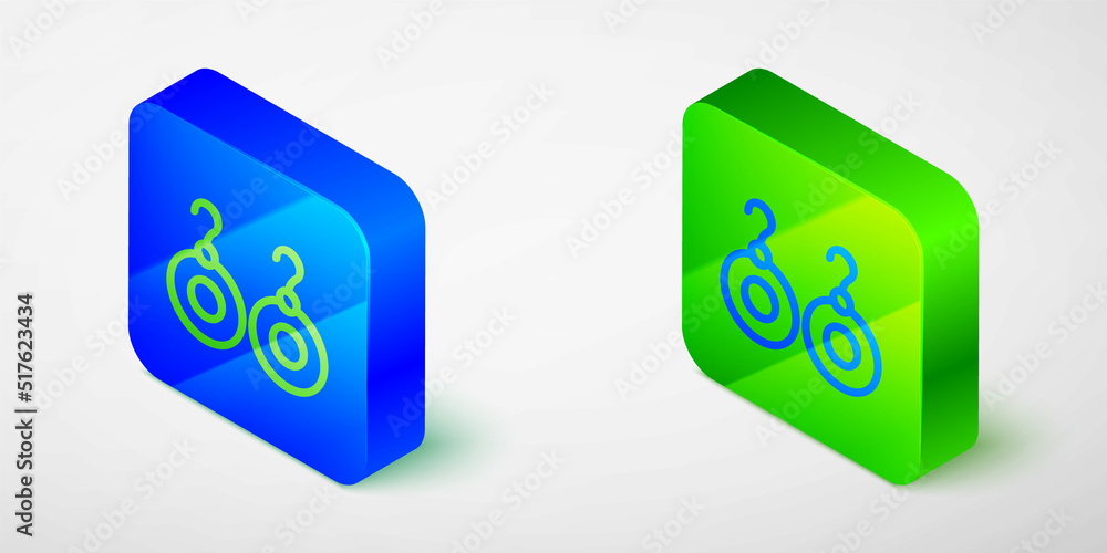Fototapeta premium Isometric line Earrings icon isolated grey background. Jewelry accessories. Blue and green square button. Vector