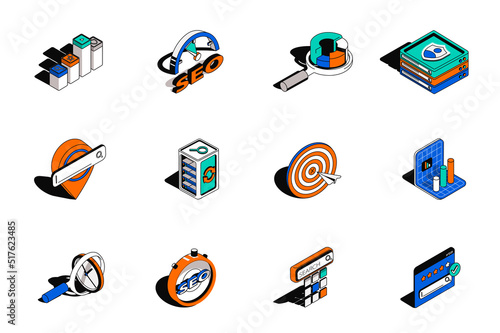 Seo analysis and optimization 3d isometric icons set. Pack elements of network, target, traffic, rating, keyword ranking, marketing research and other. Vector illustration in modern isometry design