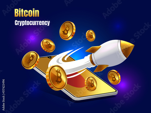 bitcoin cryptocurrency with rocket booster and smartphone