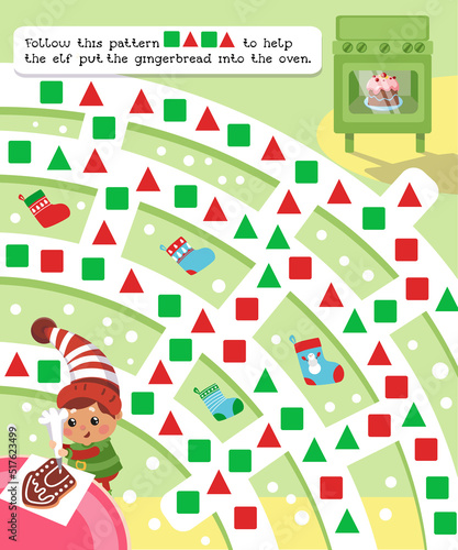 Maze game, activity for children. Game for children. Follow this pattern to help the elf bake the Christmas gingerbread. Vector illustration.
