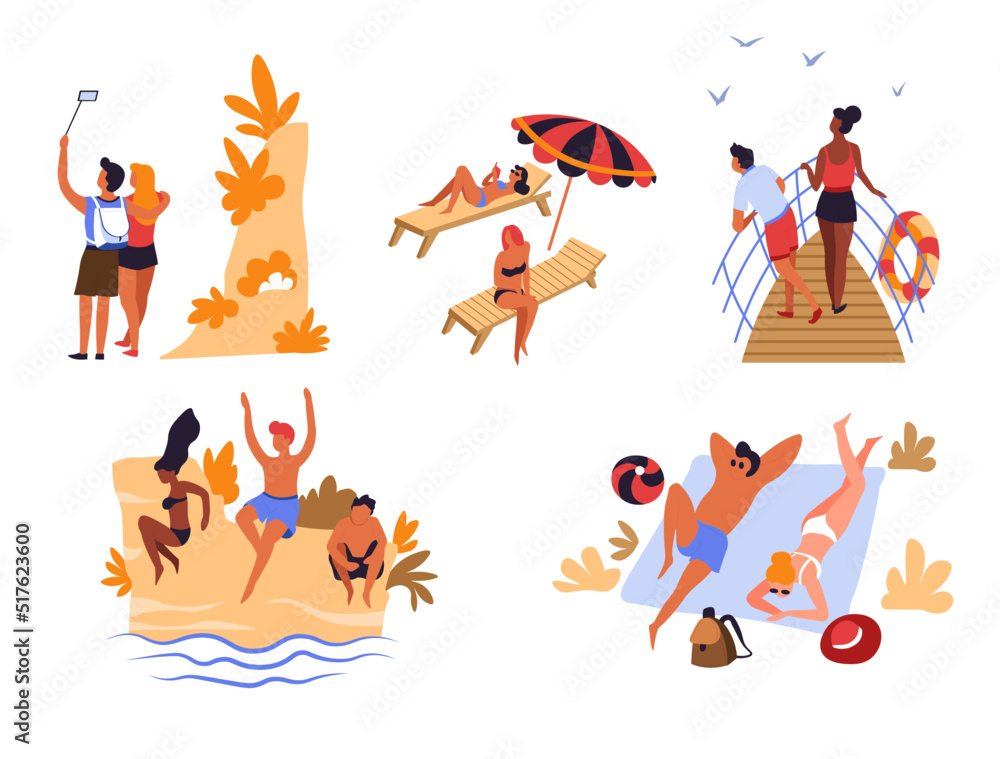 Beach mountains and sea voyage vacation travelers and holidays vector couple taking selfie girls
