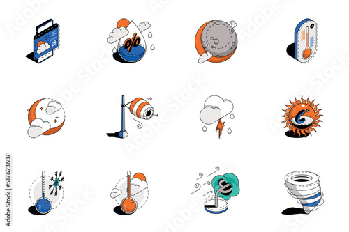 Weather forecast 3d isometric icons set. Pack elements of air humidity, temperature, sun, moon, cloudy, wind, thunderstorm, heat, frost, cold and other. Vector illustration in modern isometry design