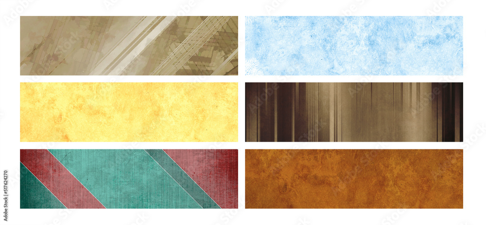 Set of vertical or horizontal banners with old paper texture and retro patterns with strips