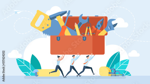 Quick assistance in repair and maintenance. Tiny characters carry a toolbox. Workman's toolkit. Red toolbox with instruments inside. Tool chest with hand tools. Set building tools repair. Flat Vector