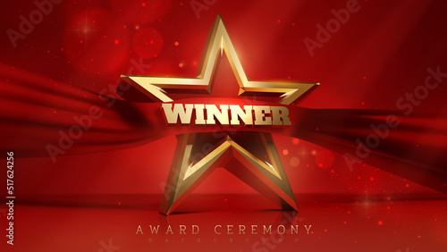 Award ceremony background and 3d gold star with red silk ribbon decoration with winner text and glitter light effect elements.