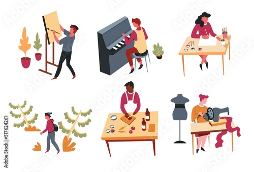 Hobbies leisure activity or pastime art and entertainment vector dancing and handmade craft telescope
