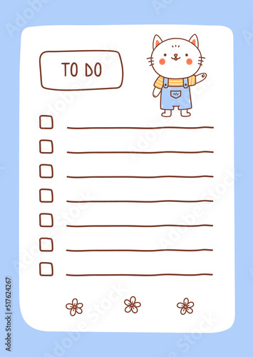 To do list template decorated by kawaii cat. Cute design of schedule, daily planner or checklist. Vector hand-drawn illustration. Perfect for planning, notes and self-organization.