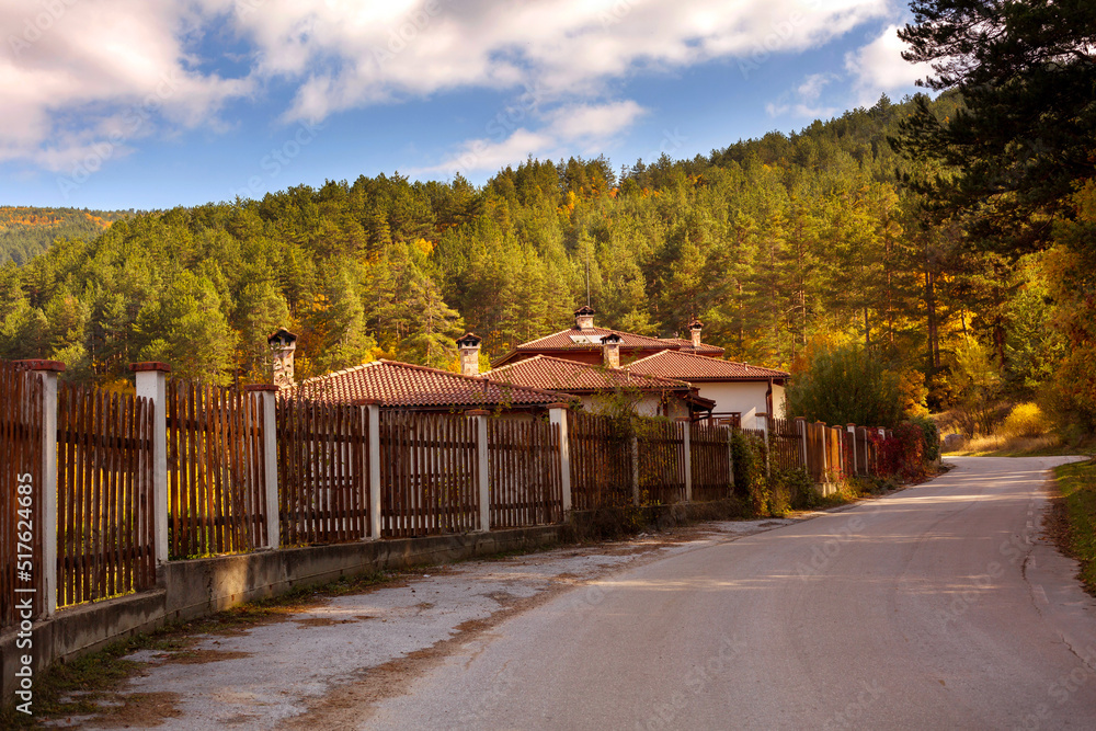 Autumn landscape with road and houses, Bulgaria