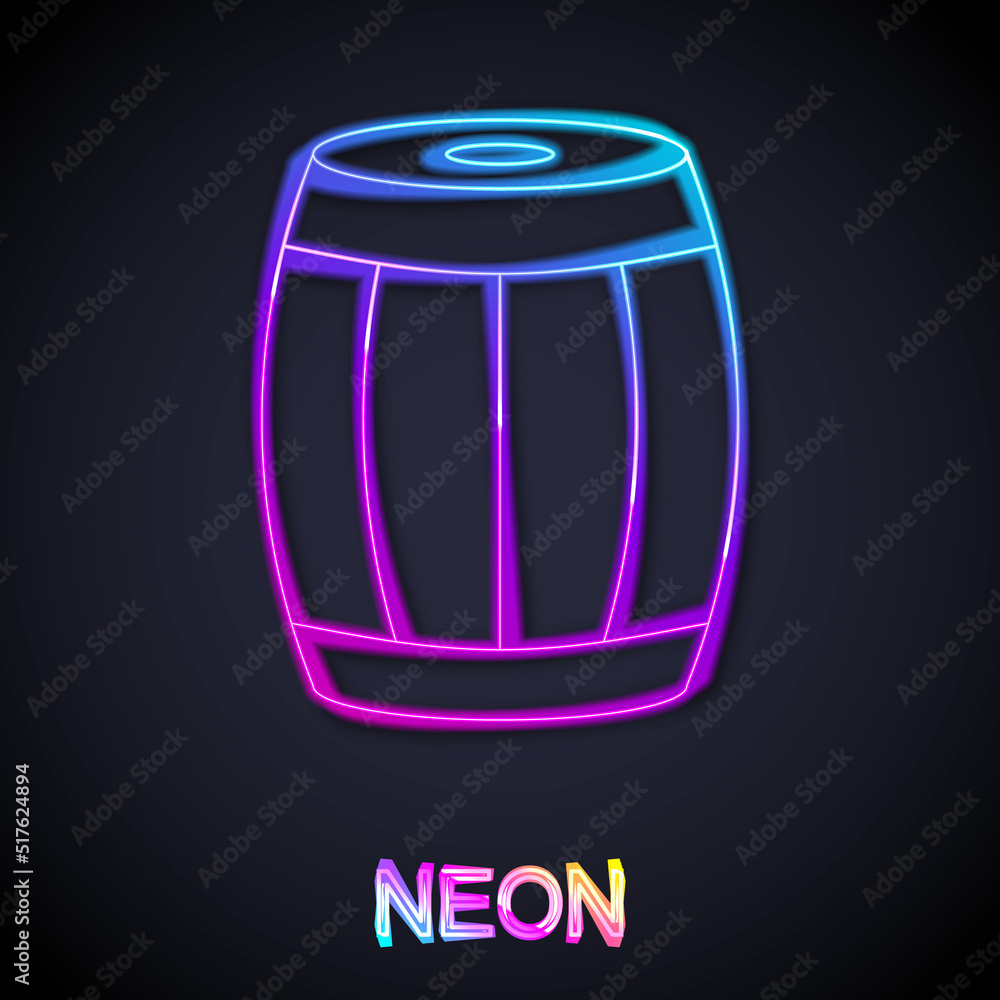 Glowing neon line Wooden barrel icon isolated on black background. Alcohol barrel, drink container, wooden keg for beer, whiskey, wine. Vector Glowing neon line Wooden barrel icon isolated on black background. Alcohol barrel, drink container, wooden keg for beer, whiskey, wine. Vector