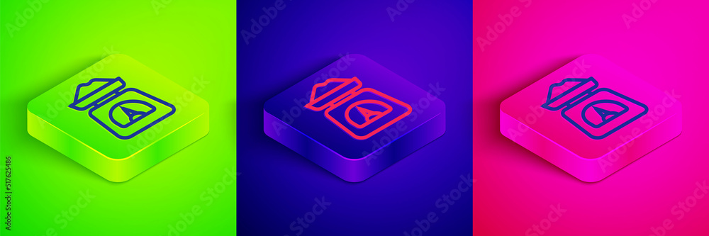 Isometric line Scales icon isolated on green, blue and pink background. Weight measure equipment. Square button. Vector Isometric line Scales icon isolated on green, blue and pink background. Weight measure equipment. Square button. Vector