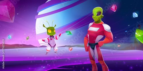 Alien characters in spacesuits on planet surface at night. Vector cartoon fantastic illustration for space game design with green extraterrestrial astronauts and flying gemstones