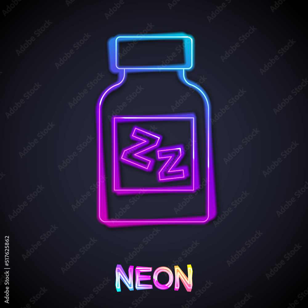 Glowing neon line Sleeping pill icon isolated on black background. Vector Glowing neon line Sleeping pill icon isolated on black background. Vector