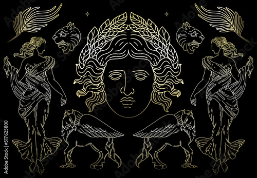 Vector set with hand drawn illustration of antique heads . Creative artwork with characters . Colden gradient. Template for card, poster, banner, print for t-shirt, brochure, label.