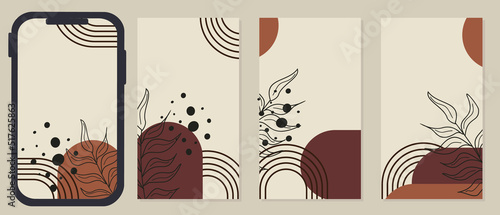 set of social media story blank design templates. brown color aesthetic background with hand drawn floral elements